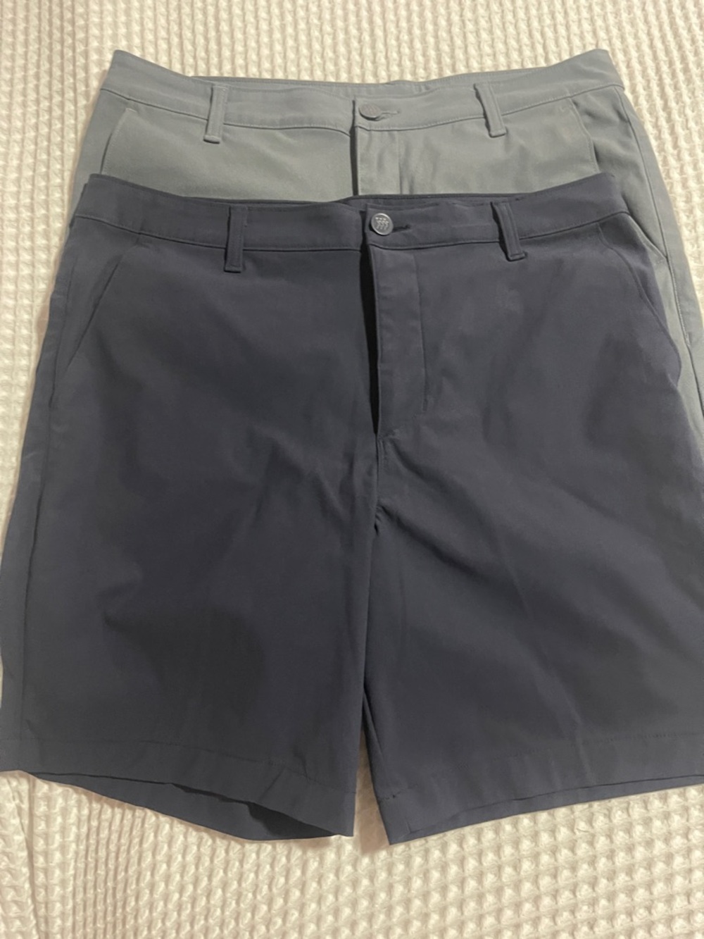 all in motion Men's Flat-Front Shorts in Navy and Light Gray